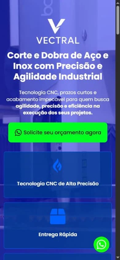 Site de Vectral na tela de um celular